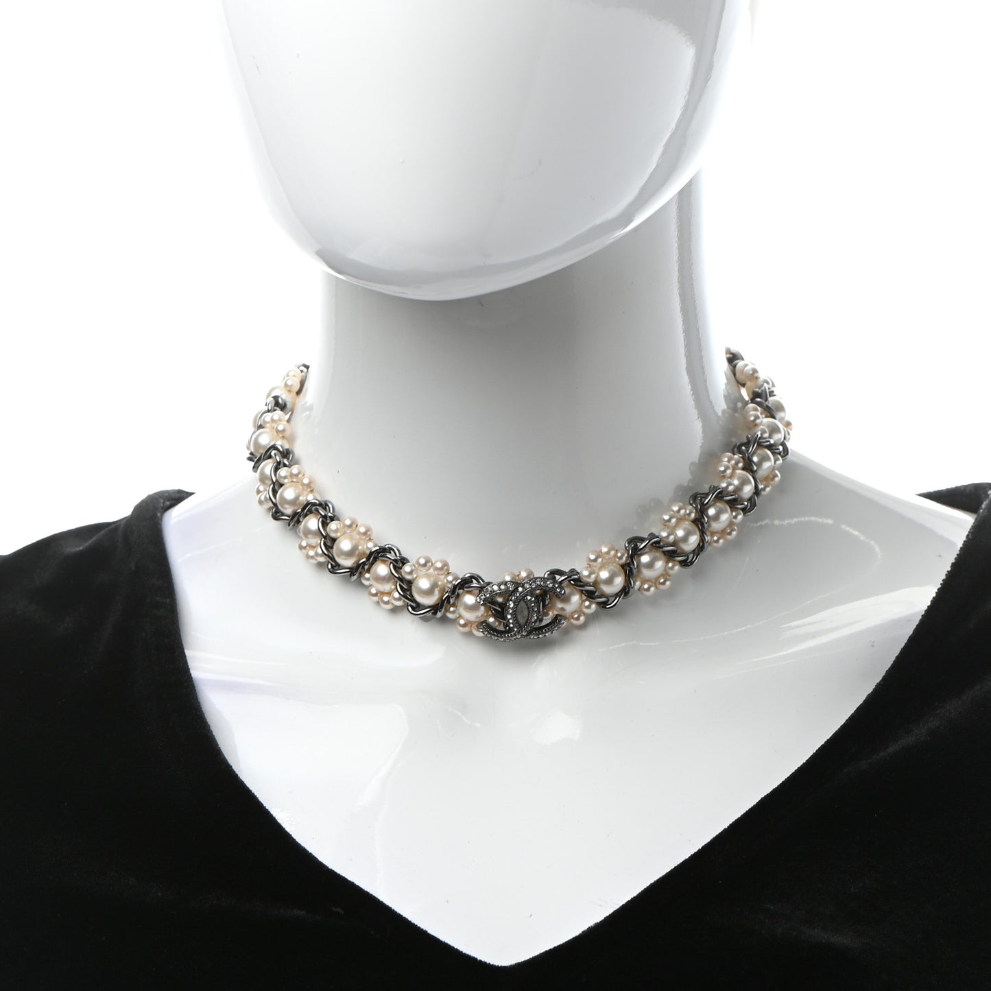 Pearl Crystal CC Choker Necklace Ruthenium