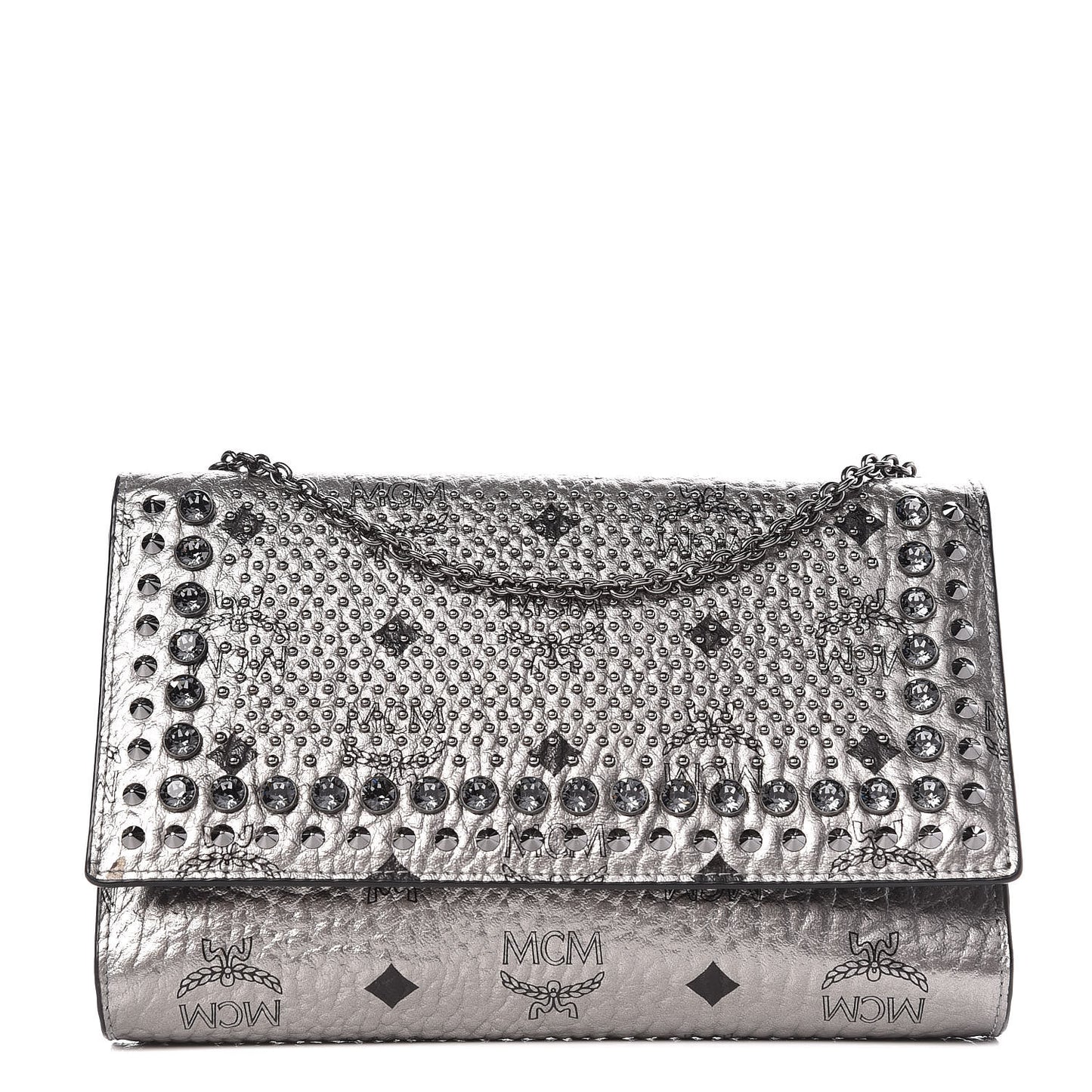 Metallic Visetos Studded Chain Wallet Silver