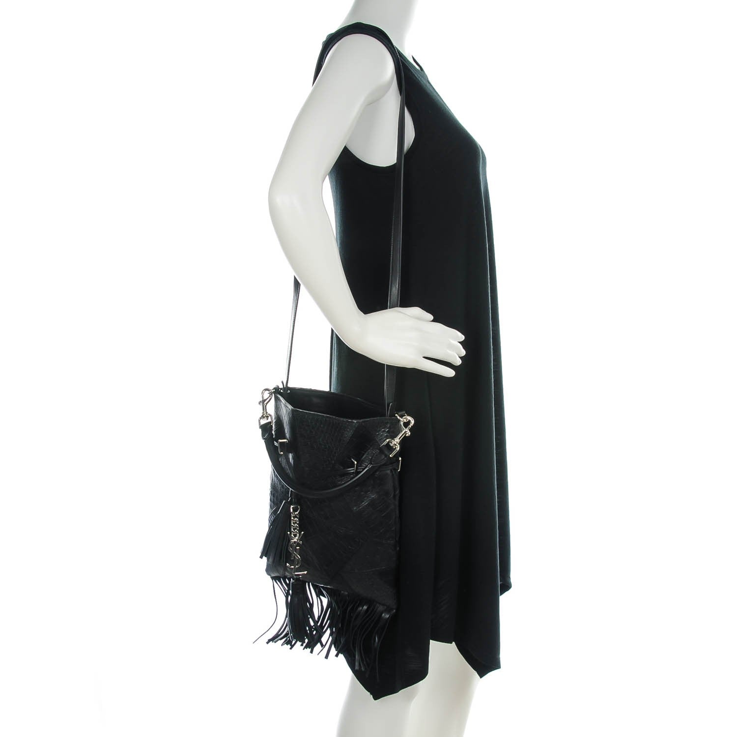 Saint Laurent Crocodile Embossed Patchwork Tassel Fringe Monogram Bucket Bag Black 2 of 7