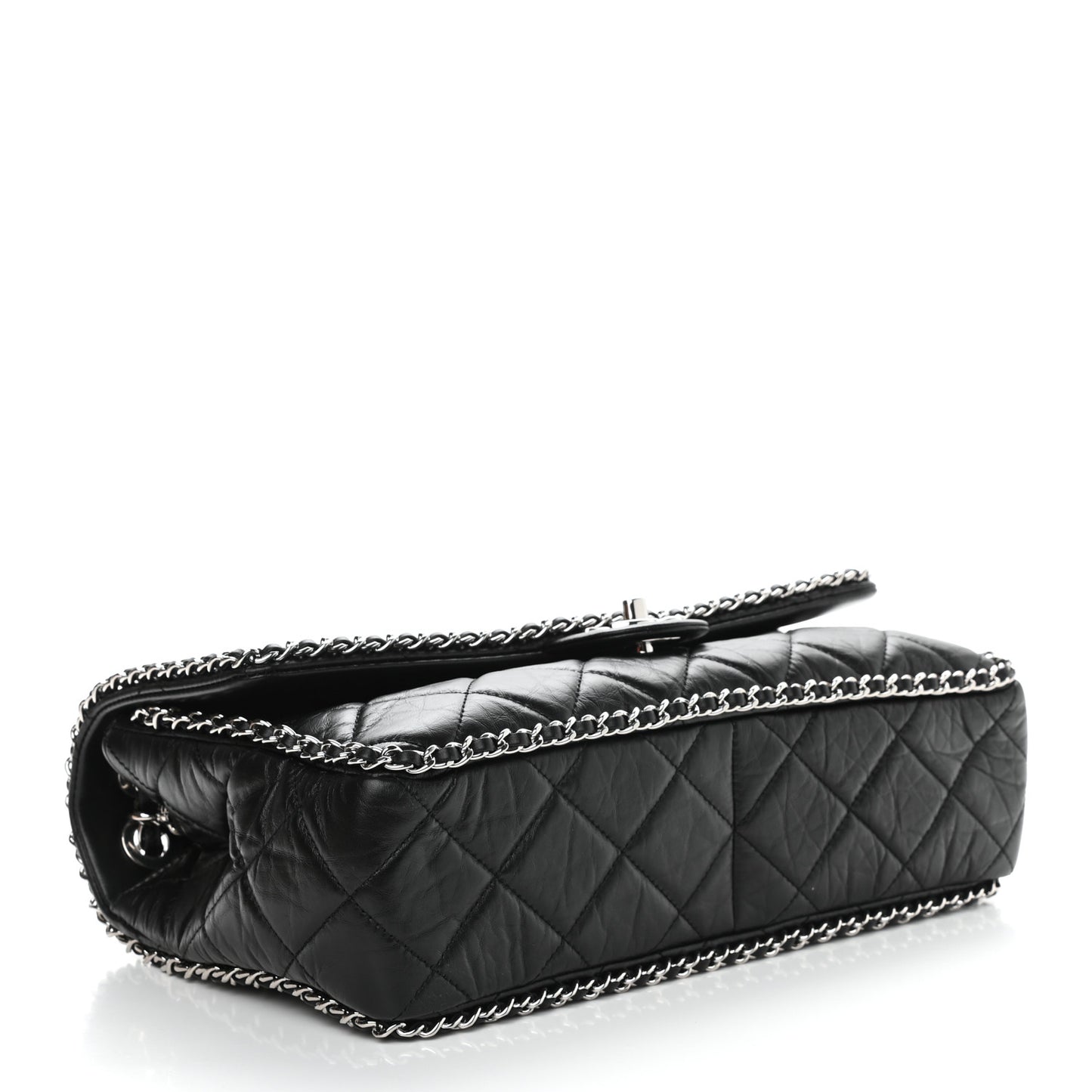 Crumpled Calfskin Quilted Large Chain All Over Flap Bag Black