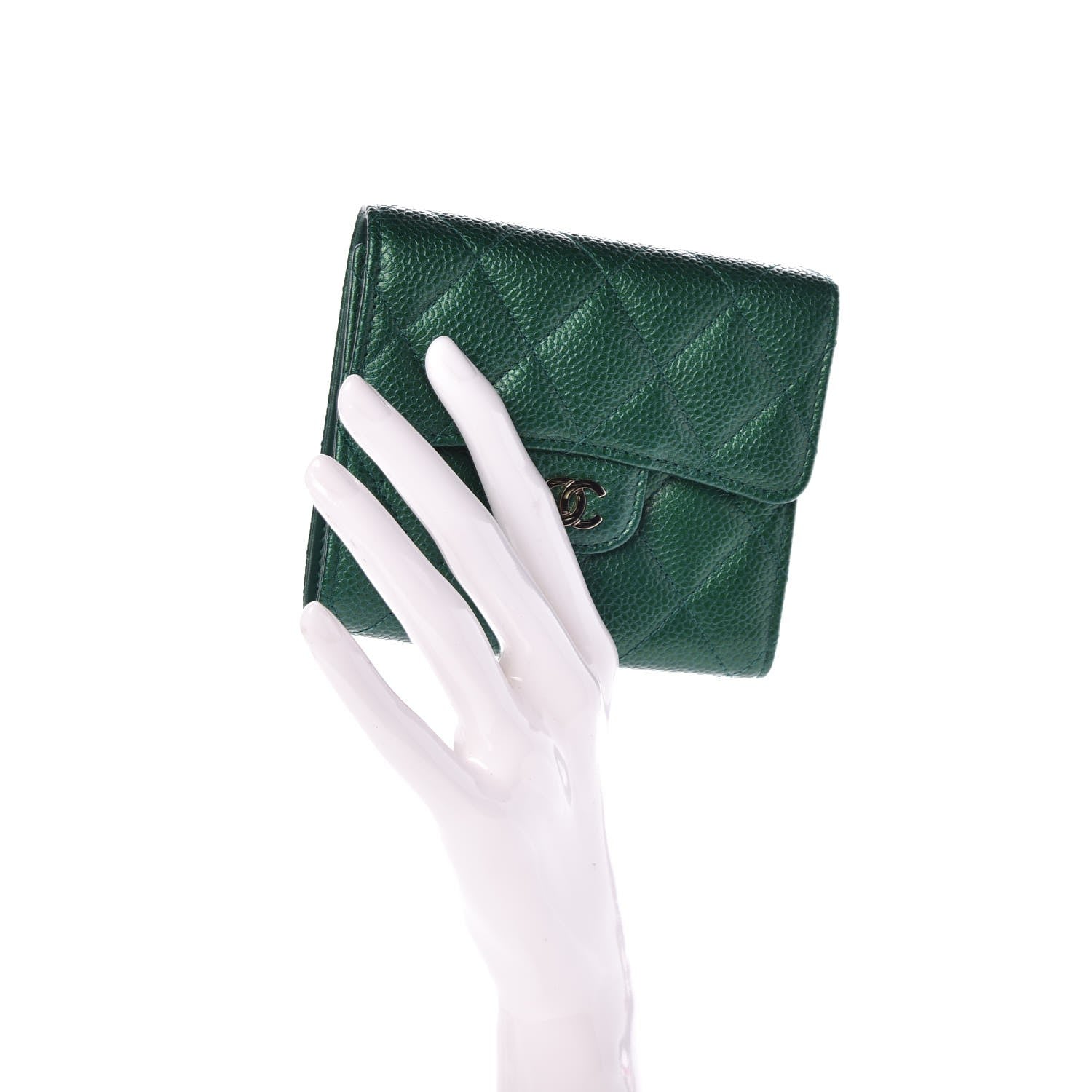 Chanel Metallic Quilted Compact Flap Wallet Green 2 of 9