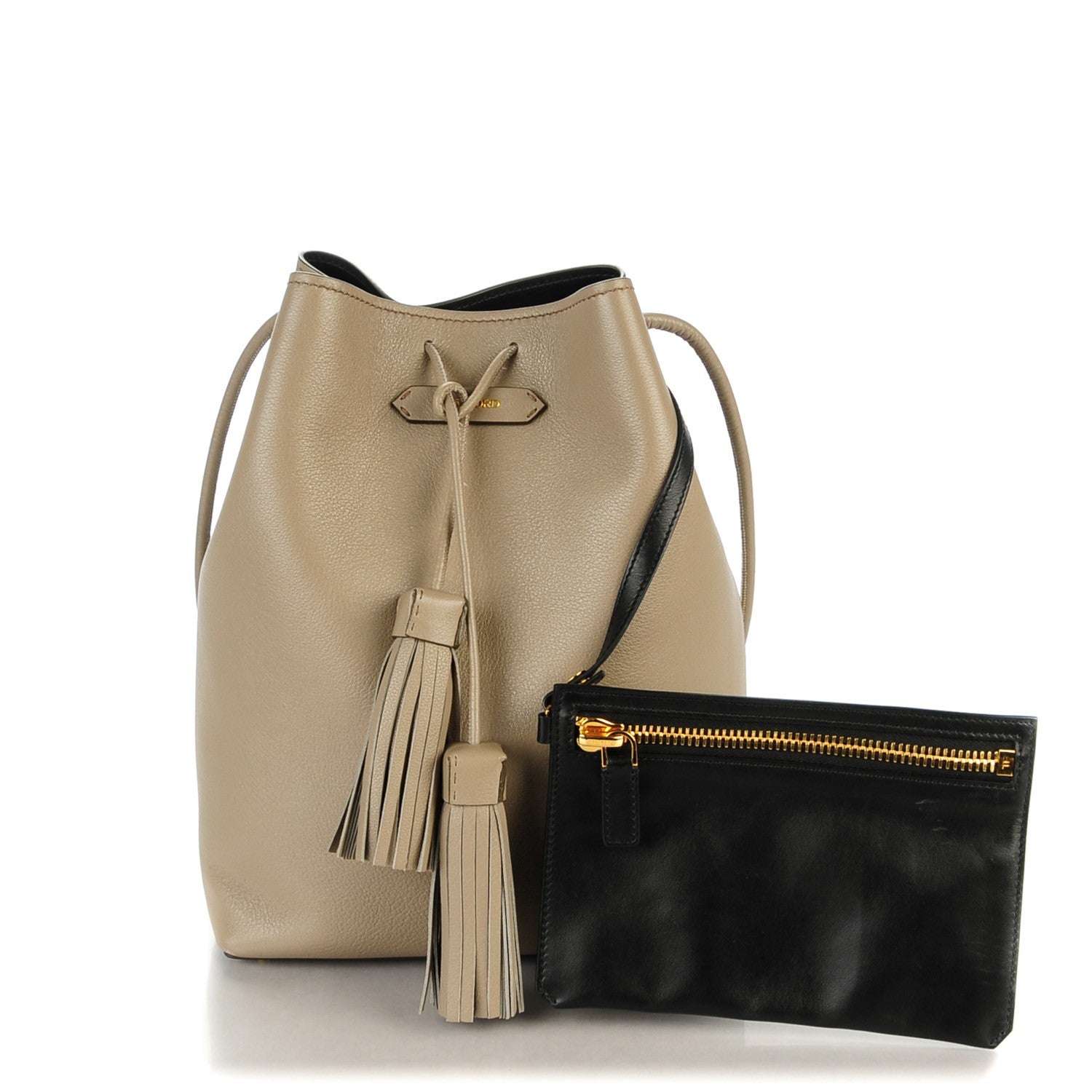 Tom Ford Calfskin Medium Double Tassel Bucket Taupe 1 of 8