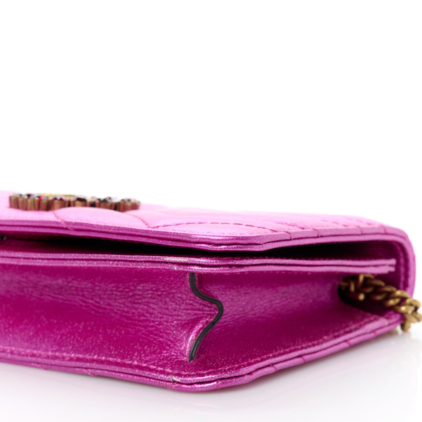 Metallic Calfskin Matelasse Crystal GG Marmont Mini Bag Fuchsia