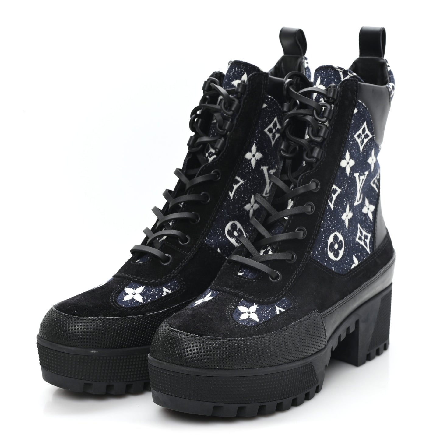 Calfskin Monogram Denim Laureate Platform Desert Boots 37 Navy Blue