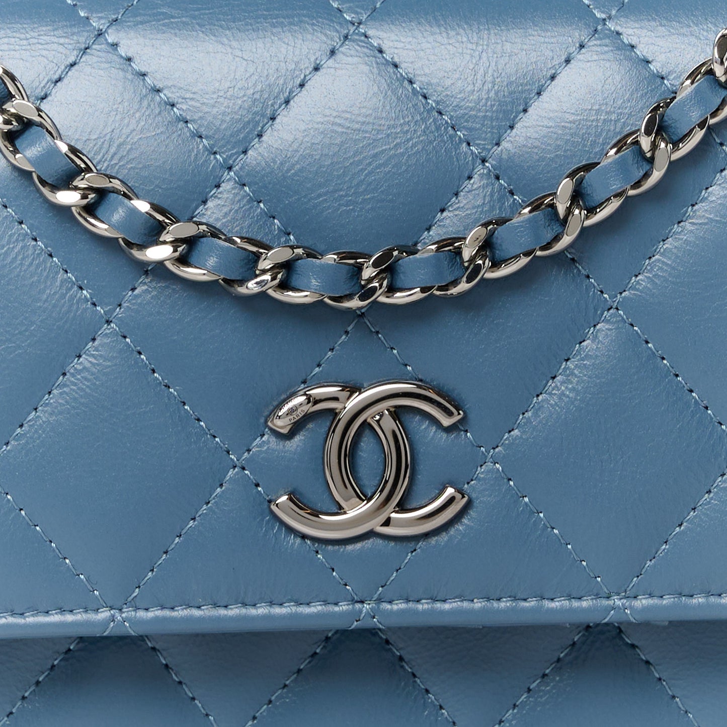 Shiny Crumpled Calfskin Strass Quilted Mini Top Handle Wallet On Chain Blue