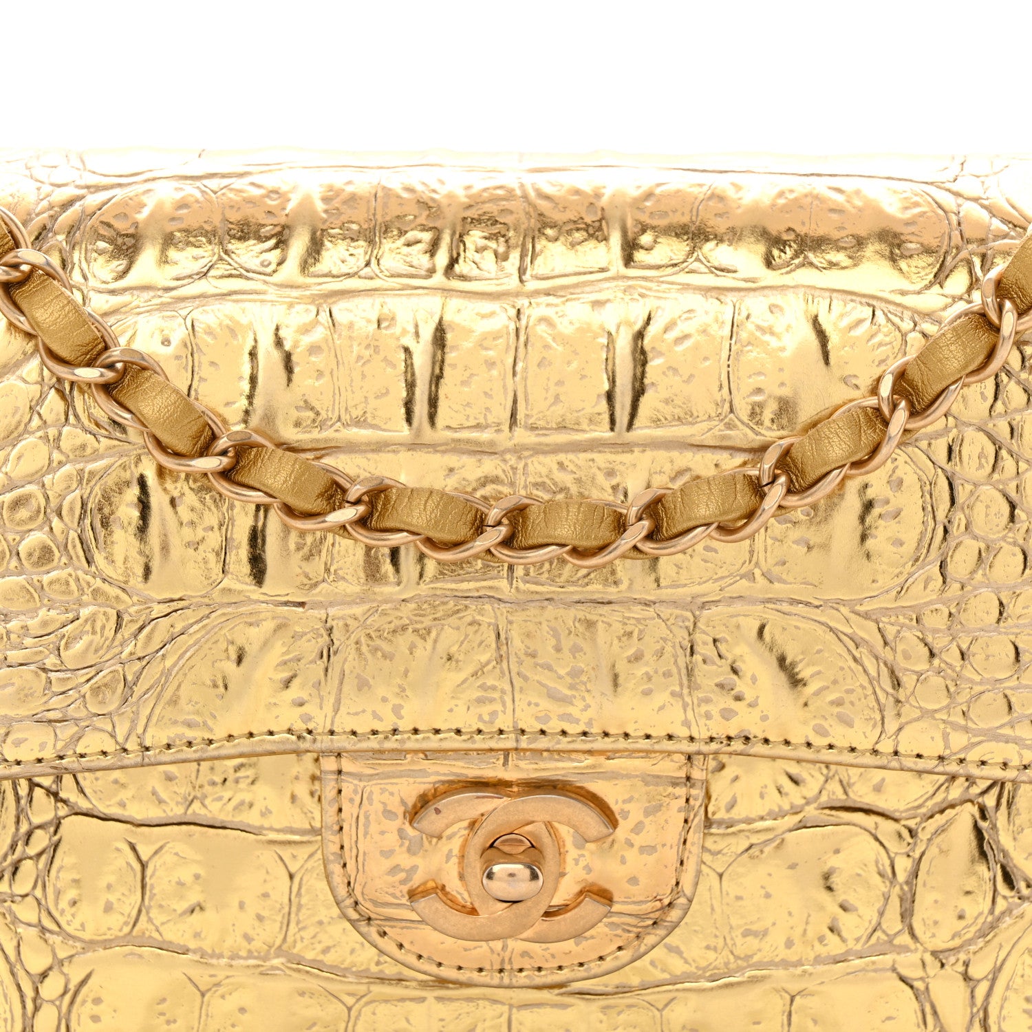 Chanel Metallic Calfskin Crocodile Embossed Cocodile Small Double Flap Gold 8 of 10