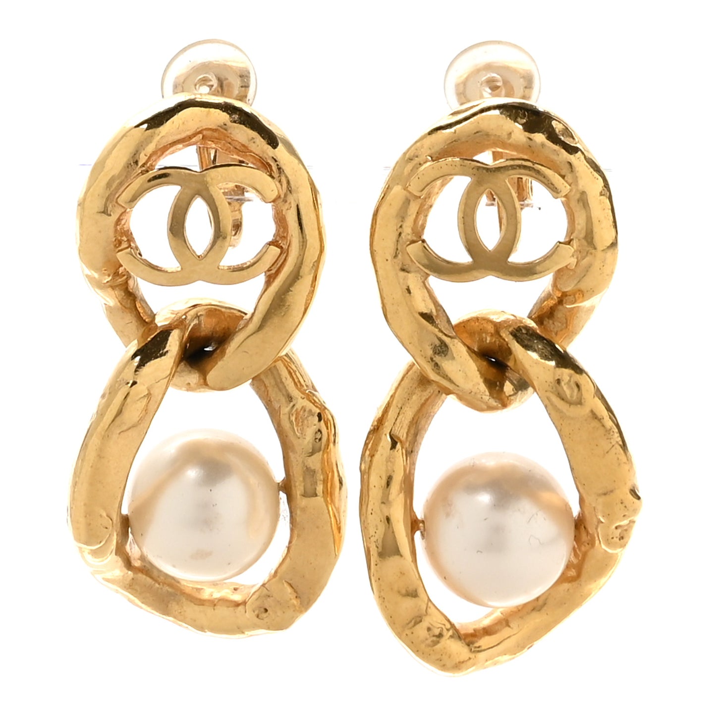 Chain Link Pearl CC Clip On Earrings Gold