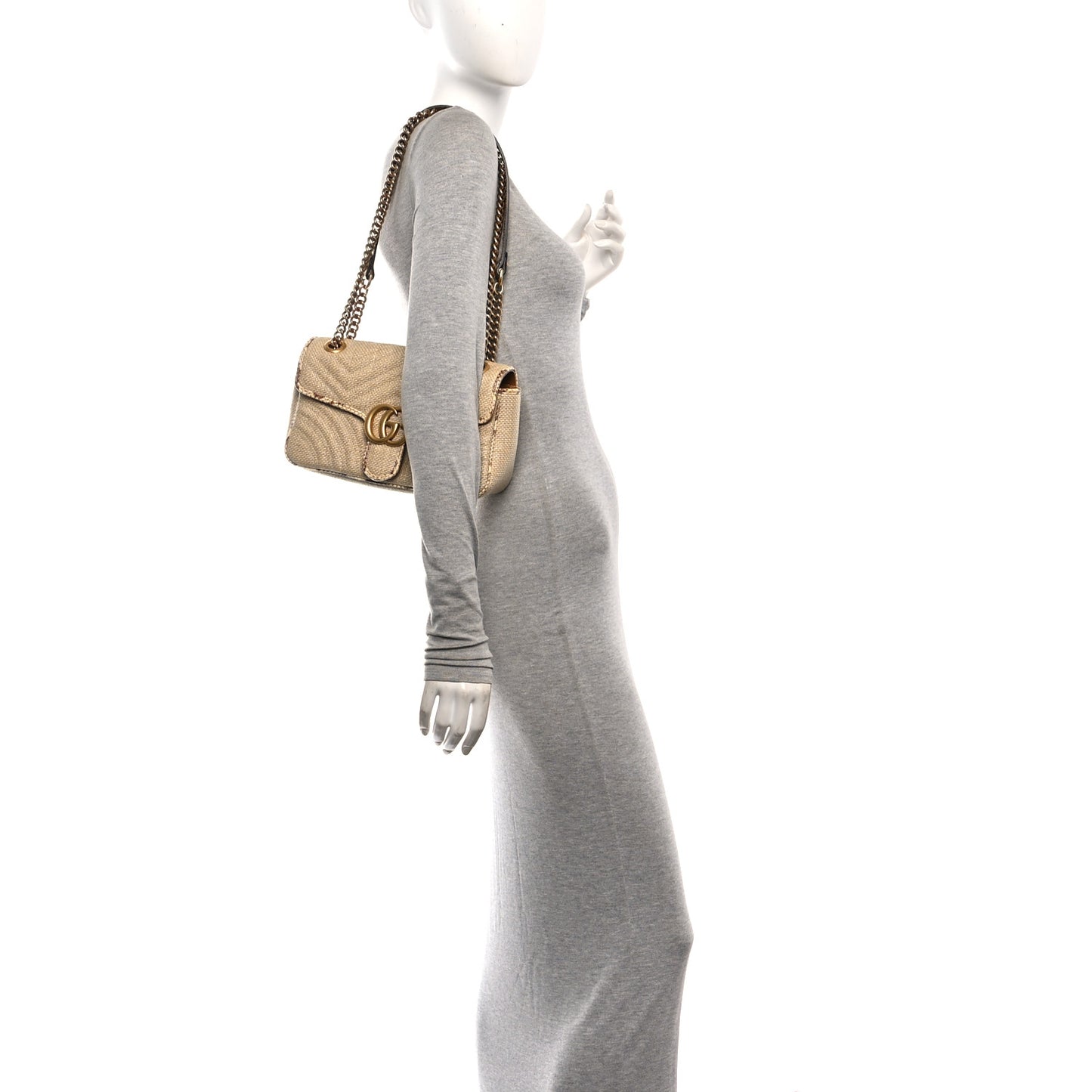 Raffia Elaphe Matelasse Small GG Marmont Shoulder Bag Natural Cream Brown