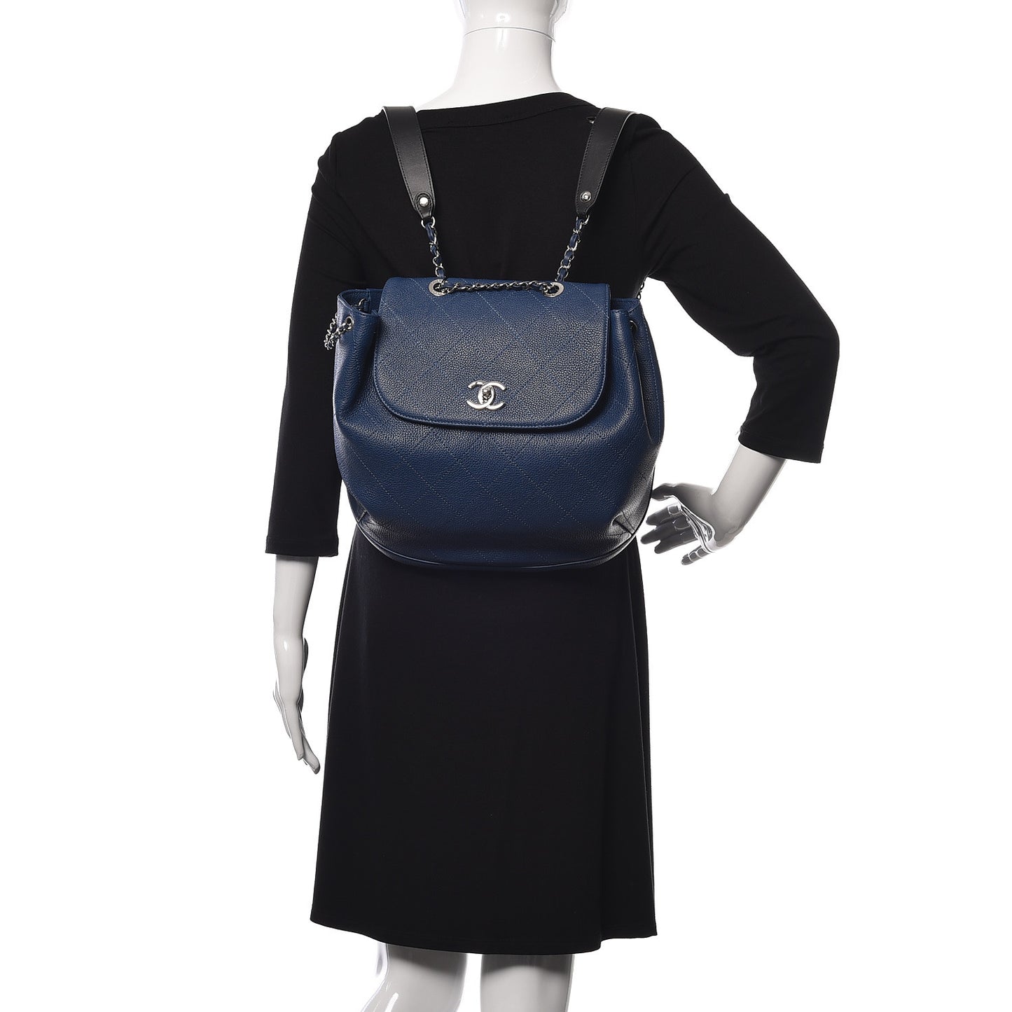 Grained Calfskin Stitched Flap Drawstring Backpack Blue Black