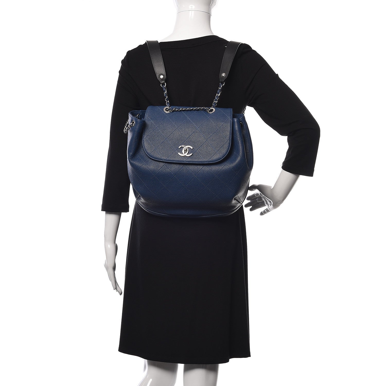 Chanel Grained Calfskin Stitched Flap Drawstring Backpack Blue Black 2 of 9