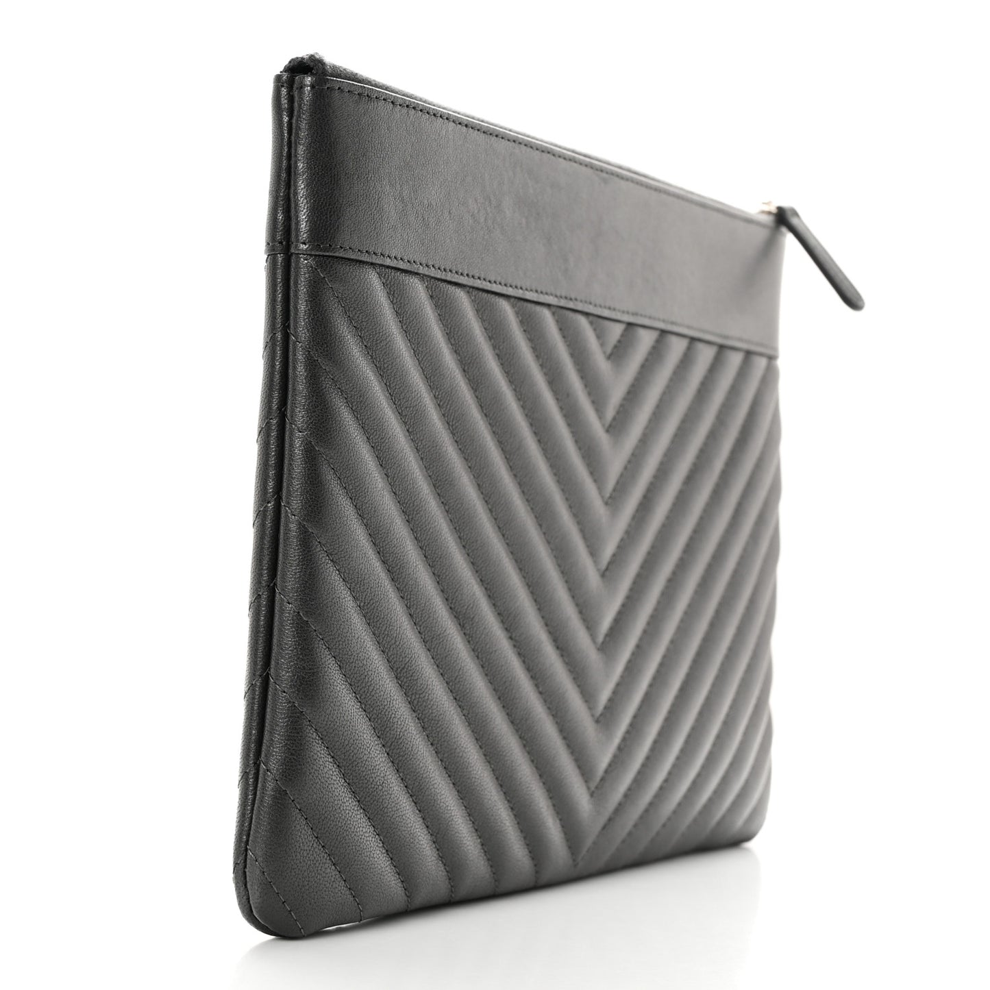 Metallic Sheepskin Chevron Quilted Mademoiselle Vintage Large Zip Pouch Dark Grey