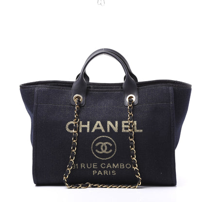 Chanel Lurex Canvas Medium Deauville Tote Navy Blue Gold 1 of 10