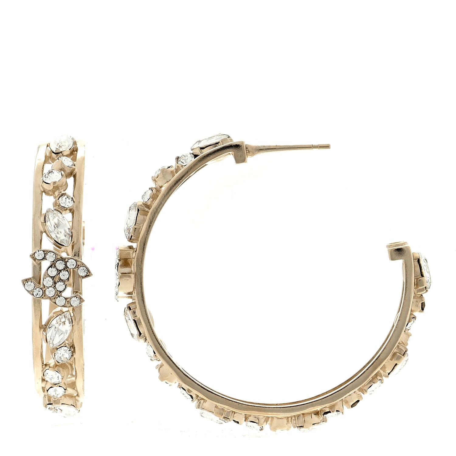 Chanel Metal Crystal Quilted CC Hoop Earrings Gold 1 of 4