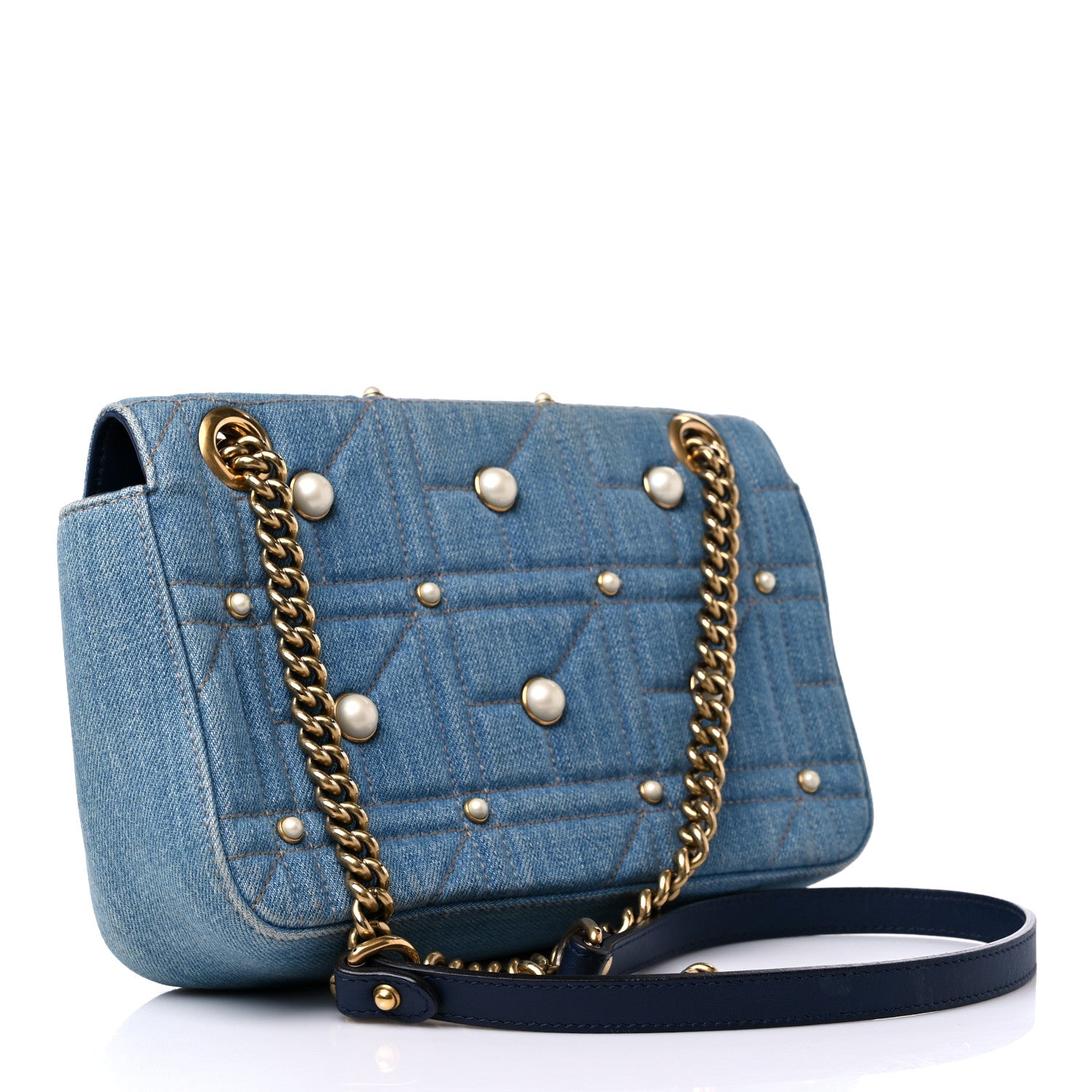 Gucci Denim Matelasse Pearl Studded Small GG Marmont Shoulder Bag Blue 3 of 16