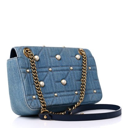Gucci Denim Matelasse Pearl Studded Small GG Marmont Shoulder Bag Blue 3 of 16