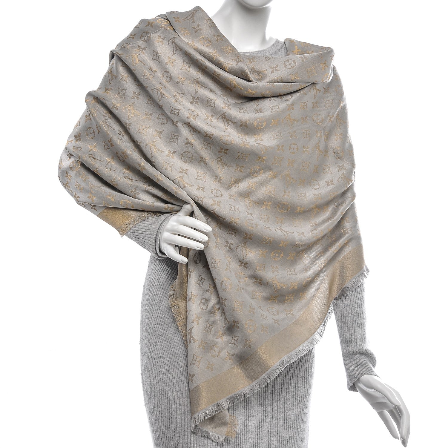 Louis Vuitton Silk Wool Monogram Shine Shawl Beige 2 of 5