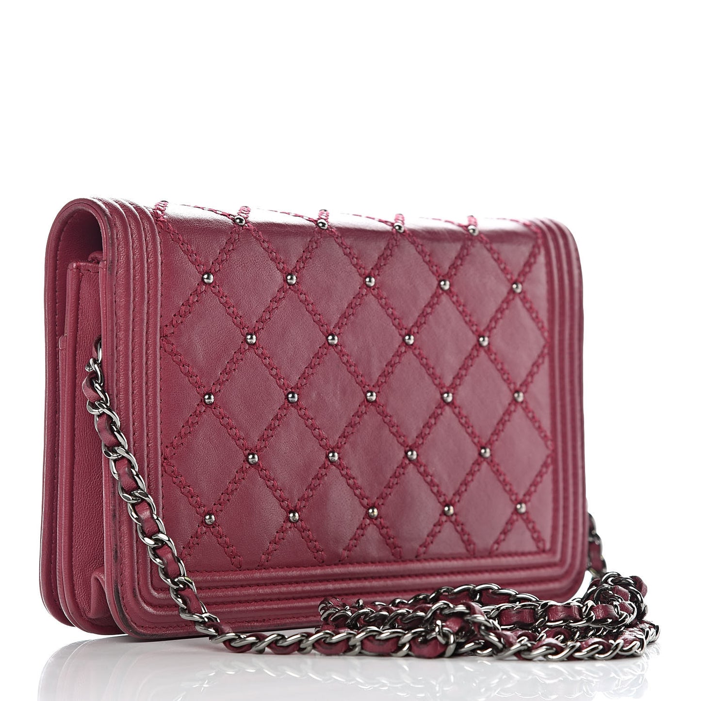 Calfskin Studded Quilted Boy Wallet On Chain WOC Dark Pink