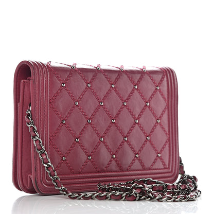 Chanel Calfskin Studded Quilted Boy Wallet On Chain WOC Dark Pink 3 of 22