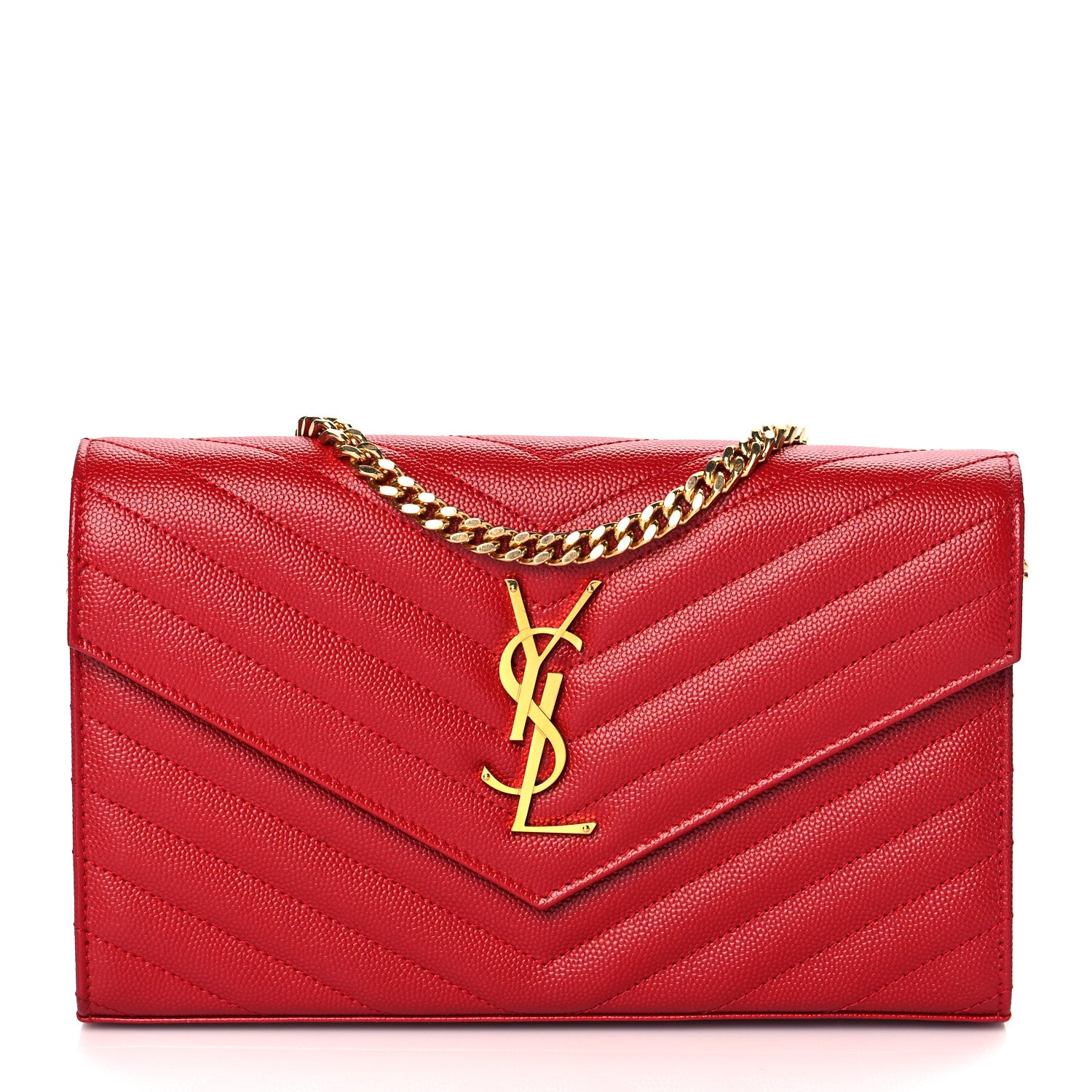 Saint Laurent Grain De Poudre Matelasse Chevron Monogram Chain Wallet Rouge Eros 1 of 9