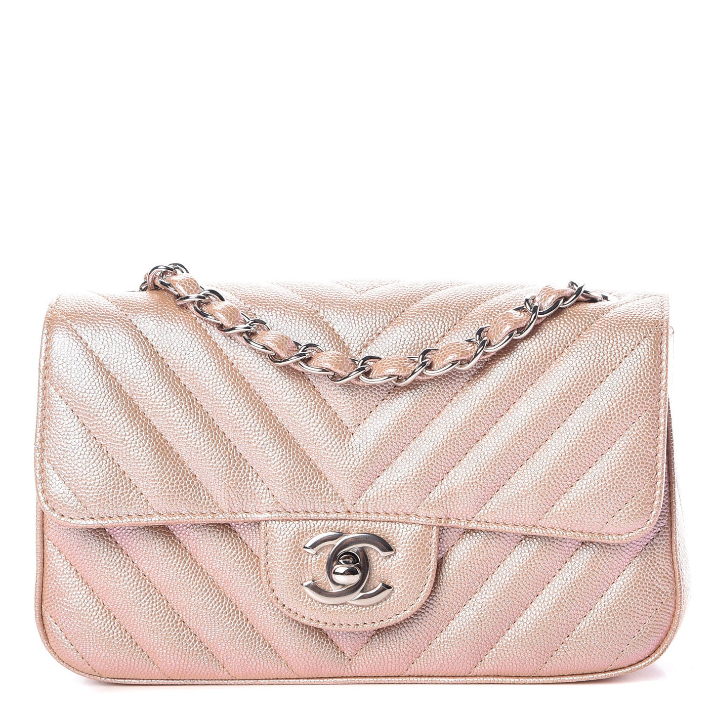 Iridescent Caviar Chevron Quilted Mini Rectangular Flap Light Gold