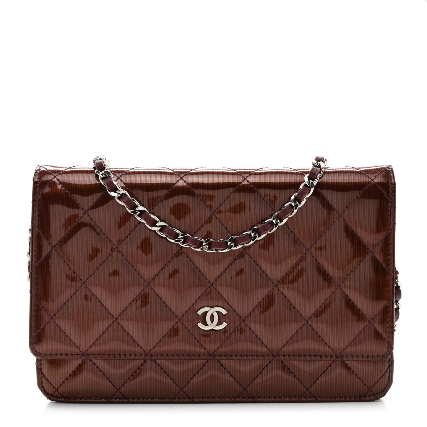 Metallic Striated Patent Quilted Wallet on Chain WOC Bronze