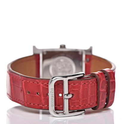 Hermes Stainless Steel Alligator Diamond Mother of Pearl 21mm Heure H Hour Quartz Watch Braise 4 of 10