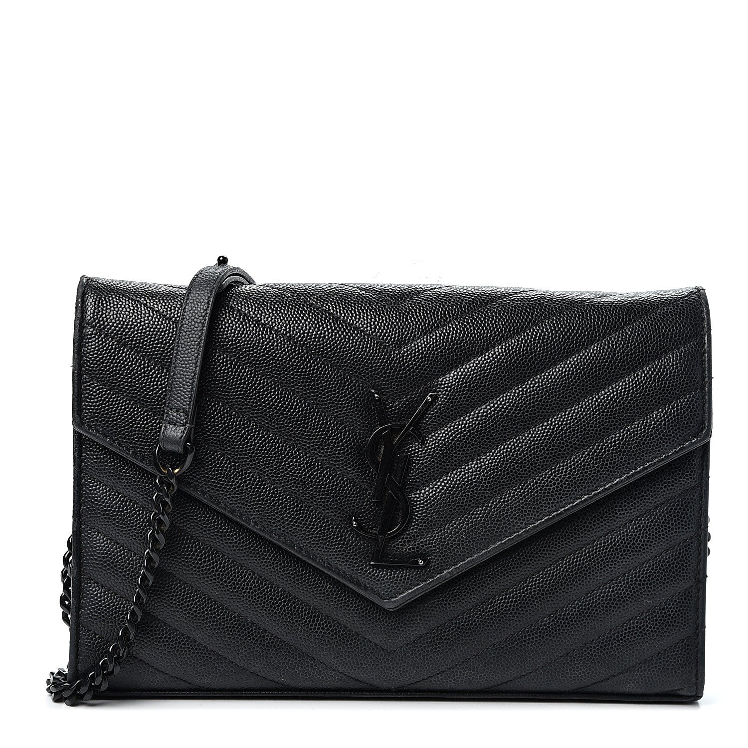 Saint Laurent Grain De Poudre Matelasse Chevron Monogram Chain Wallet Black 1 of 8