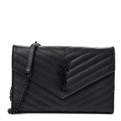 Saint Laurent Grain De Poudre Matelasse Chevron Monogram Chain Wallet Black 1 of 8