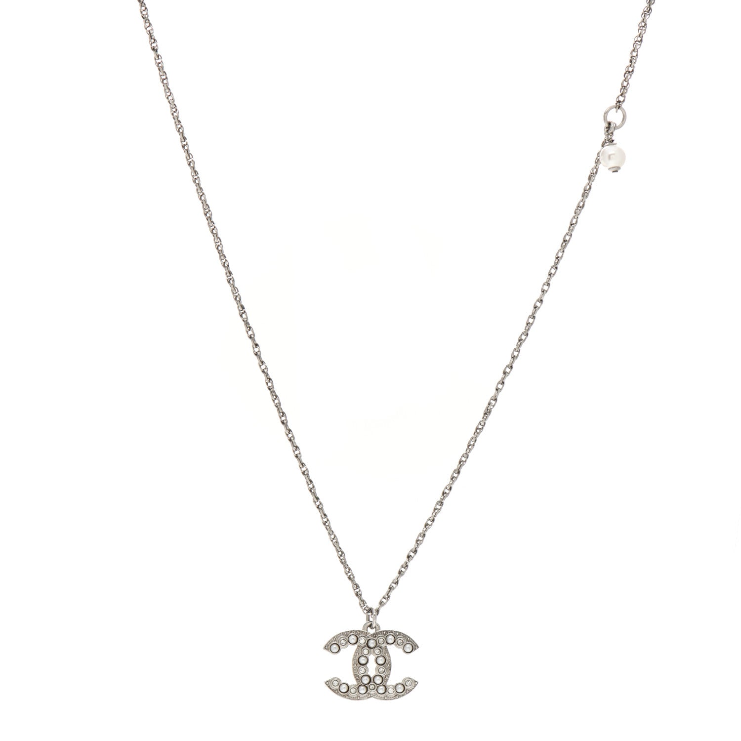 Chanel Crystal Pearl CC Pendant Necklace Silver 1 of 4