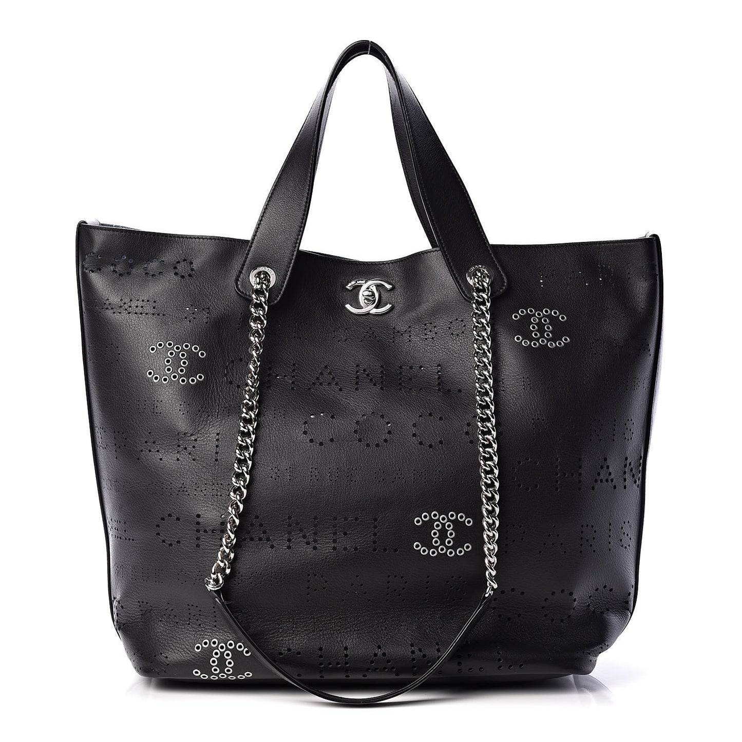 Calfskin Tweed Eyelet Large Shopping Tote Black