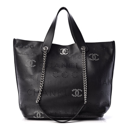 Chanel Calfskin Tweed Eyelet Large Shopping Tote Black 3 of 13