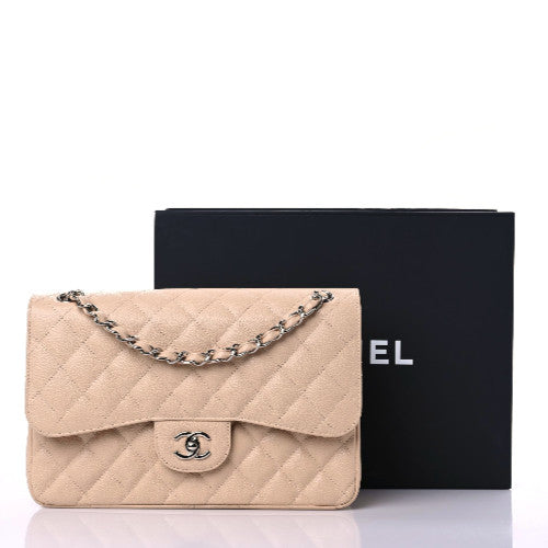 Caviar Quilted Jumbo Double Flap Beige Clair