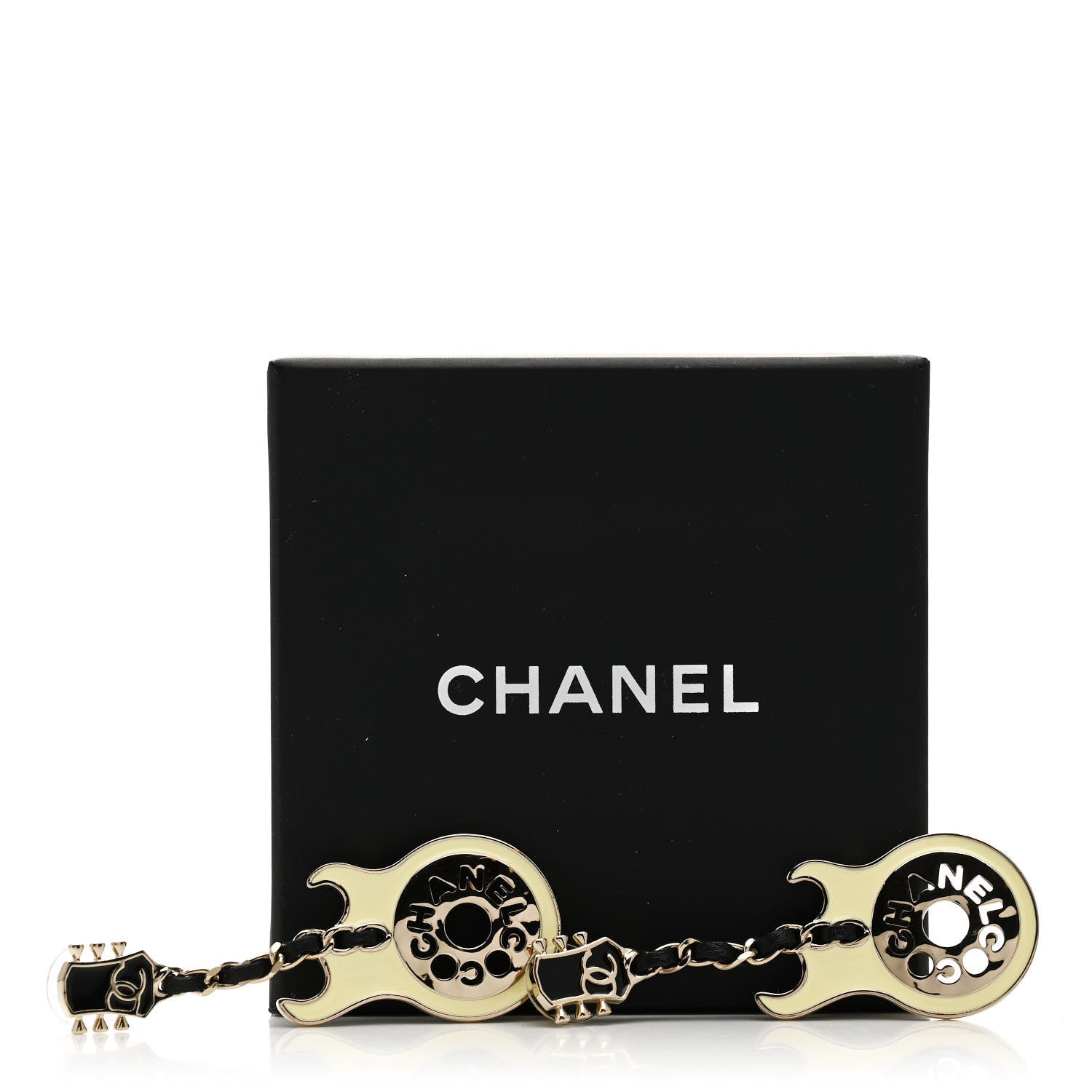 Chanel Metal Resin Lambskin Guitar Earrings Black White 5 of 5