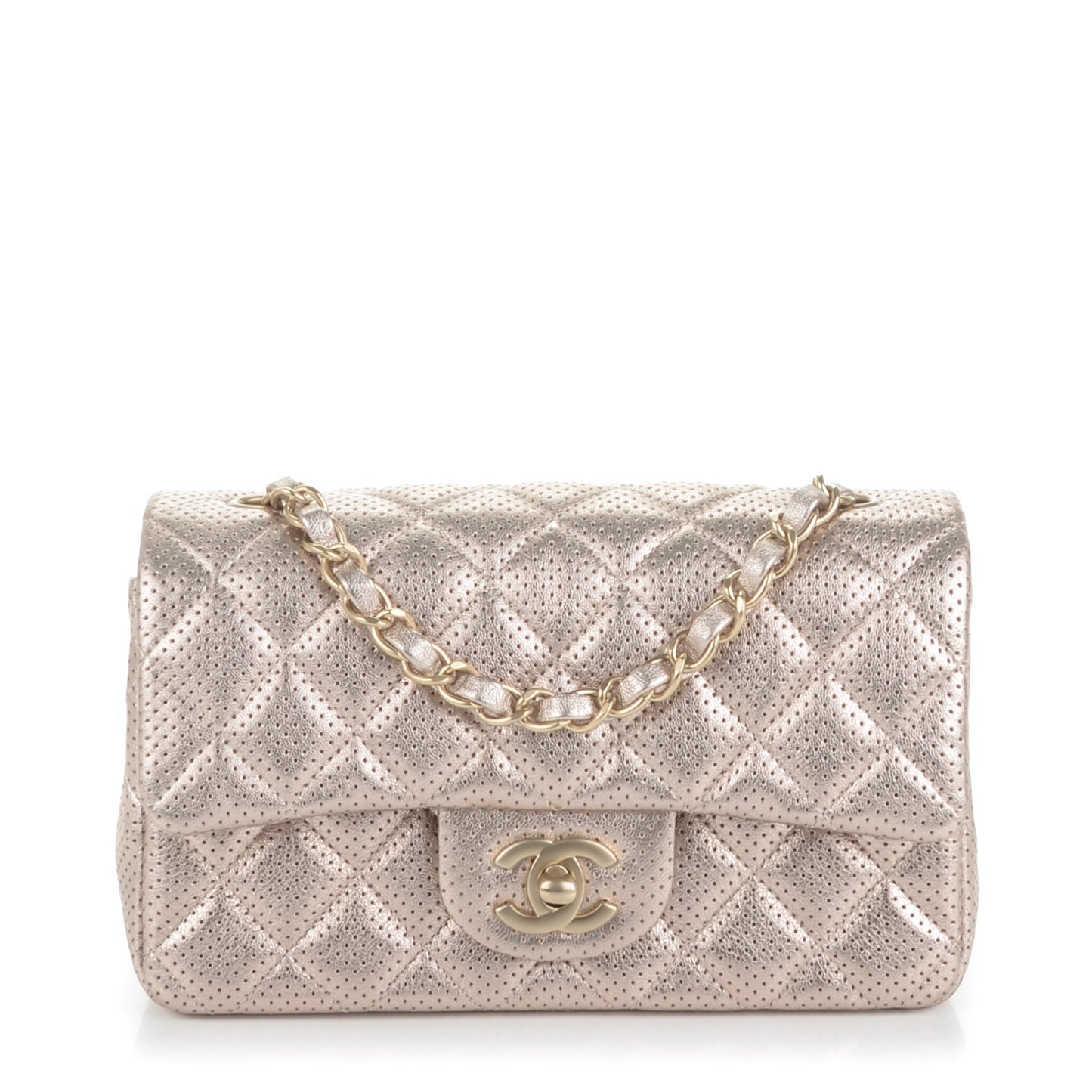 Metallic Lambskin Perforated Mini Rectangular Flap Light Gold