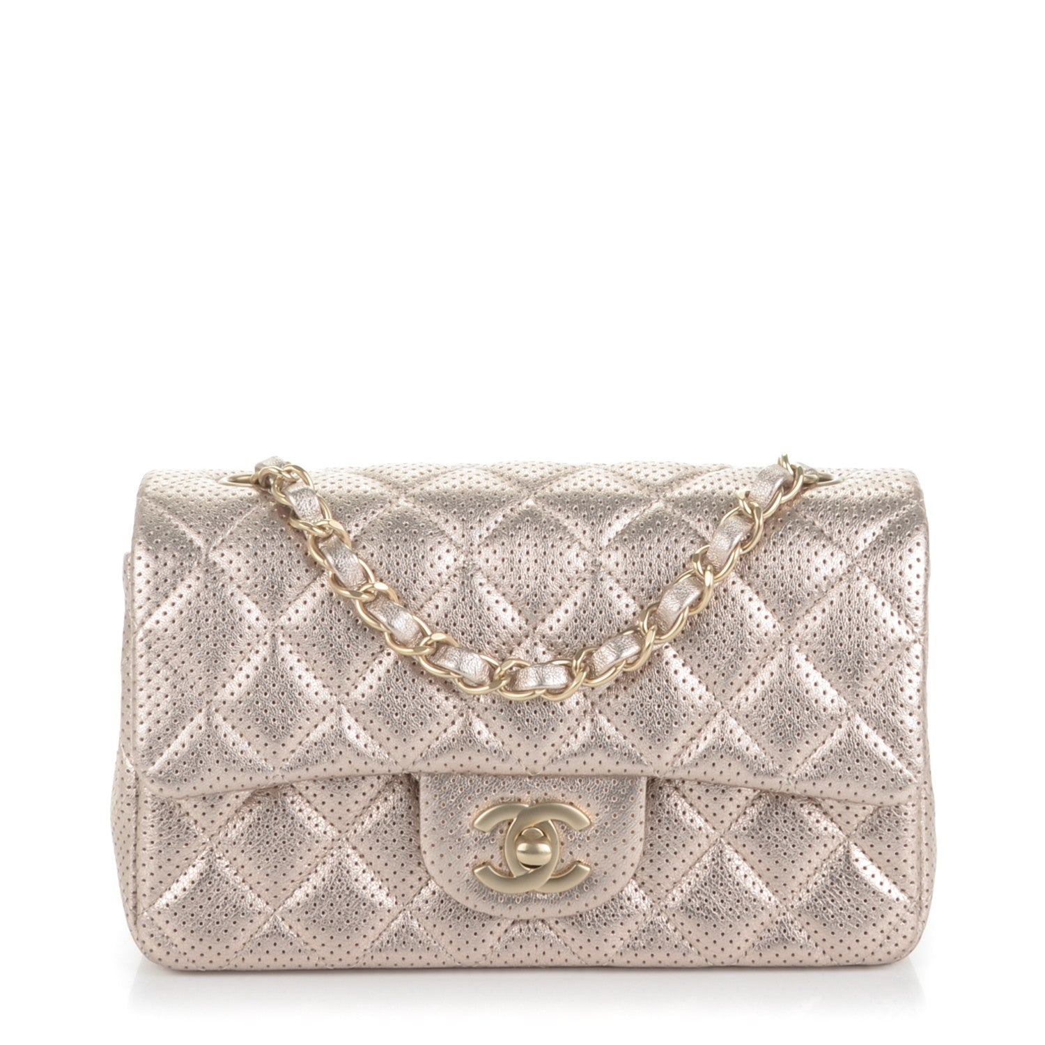 Chanel Metallic Lambskin Perforated Mini Rectangular Flap Light Gold 1 of 7