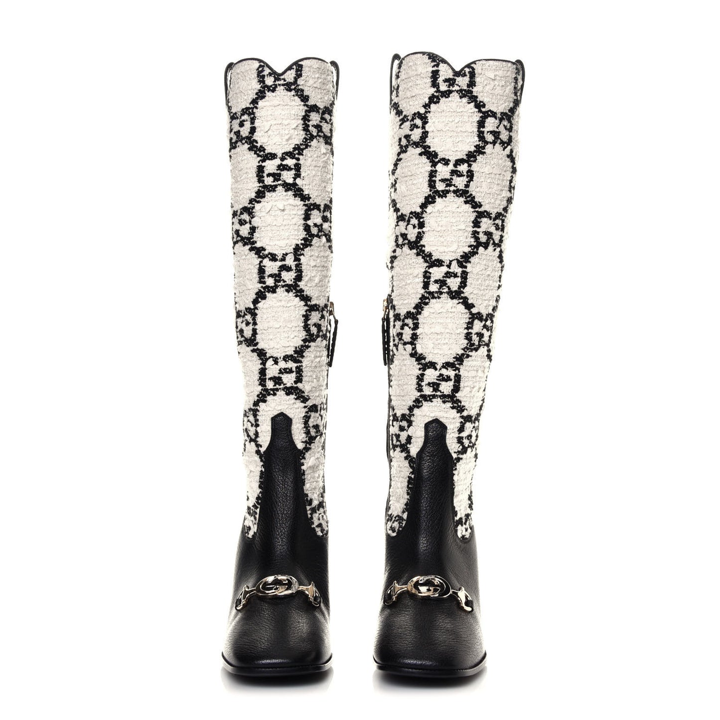 Tweed GG Monogram Wrinkled Kid Zumi Knee Boots 37.5 Natural Black