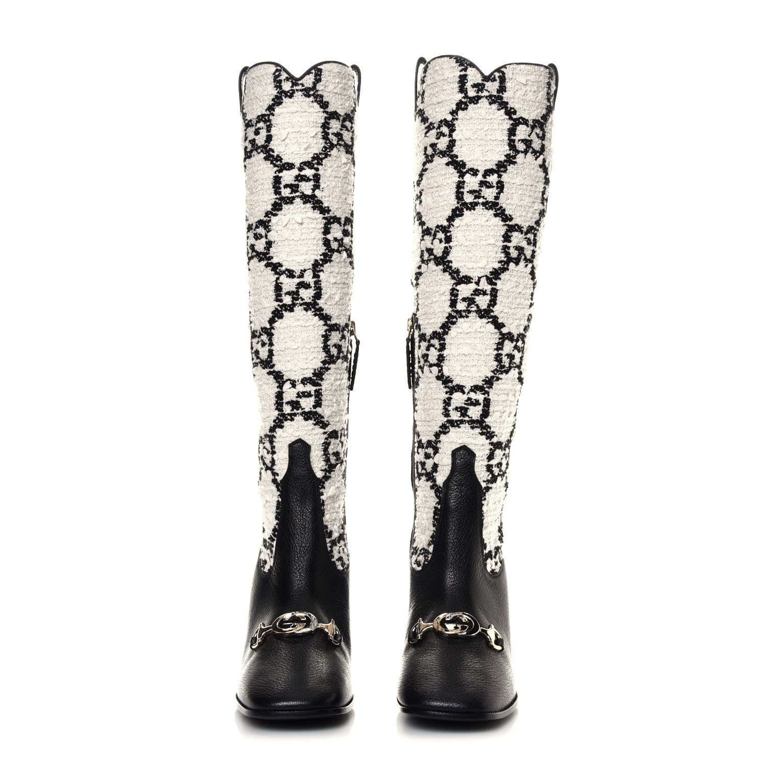 Gucci Tweed GG Monogram Wrinkled Kid Zumi Knee Boots 37.5 Natural Black 2 of 6