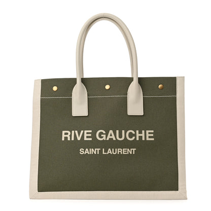 Saint Laurent Linen Calfskin Small Rive Gauche Tote Military Green Blanc Vintage 1 of 10