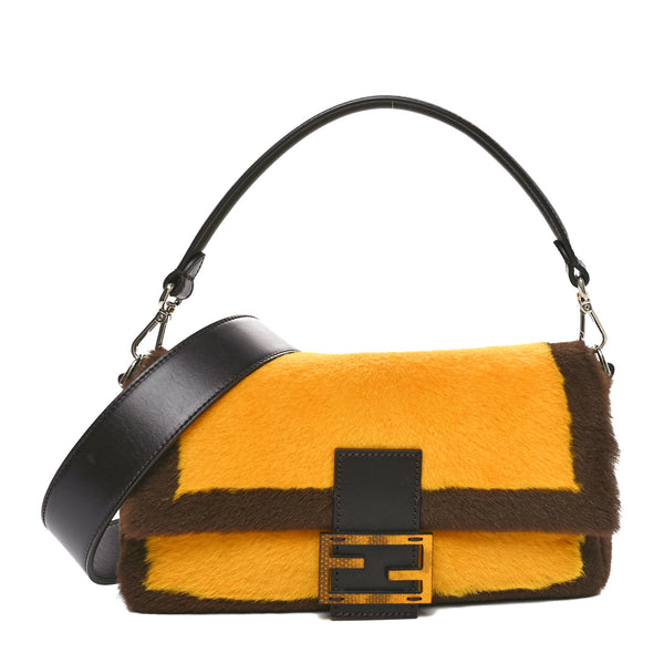 走*ー様 FENDIバッグ Fendi Fur Calfskin Karung Baguette Mimosa Dark Coffee 1690379