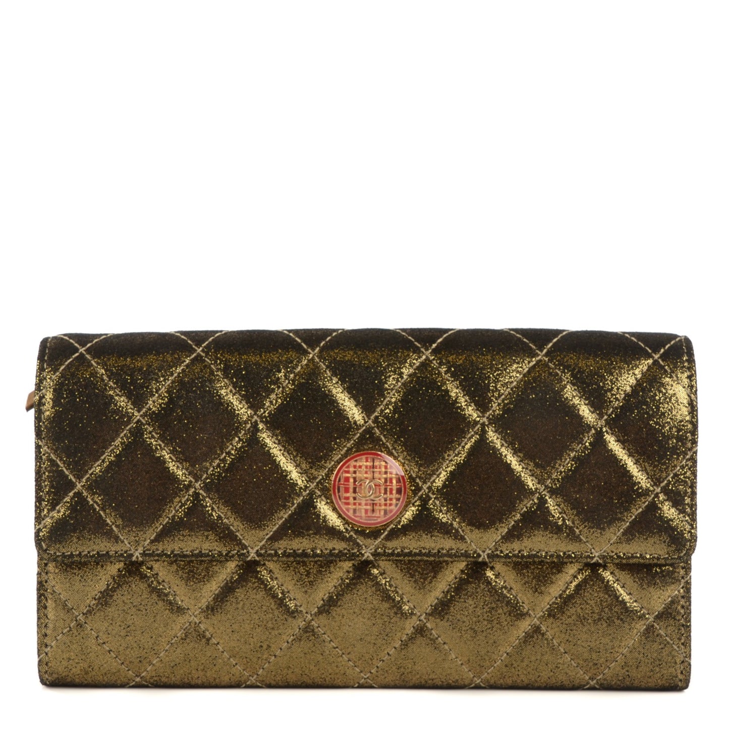Iridescent Calfskin Quilted Tartan Button Large Gusset Flap Wallet Gold