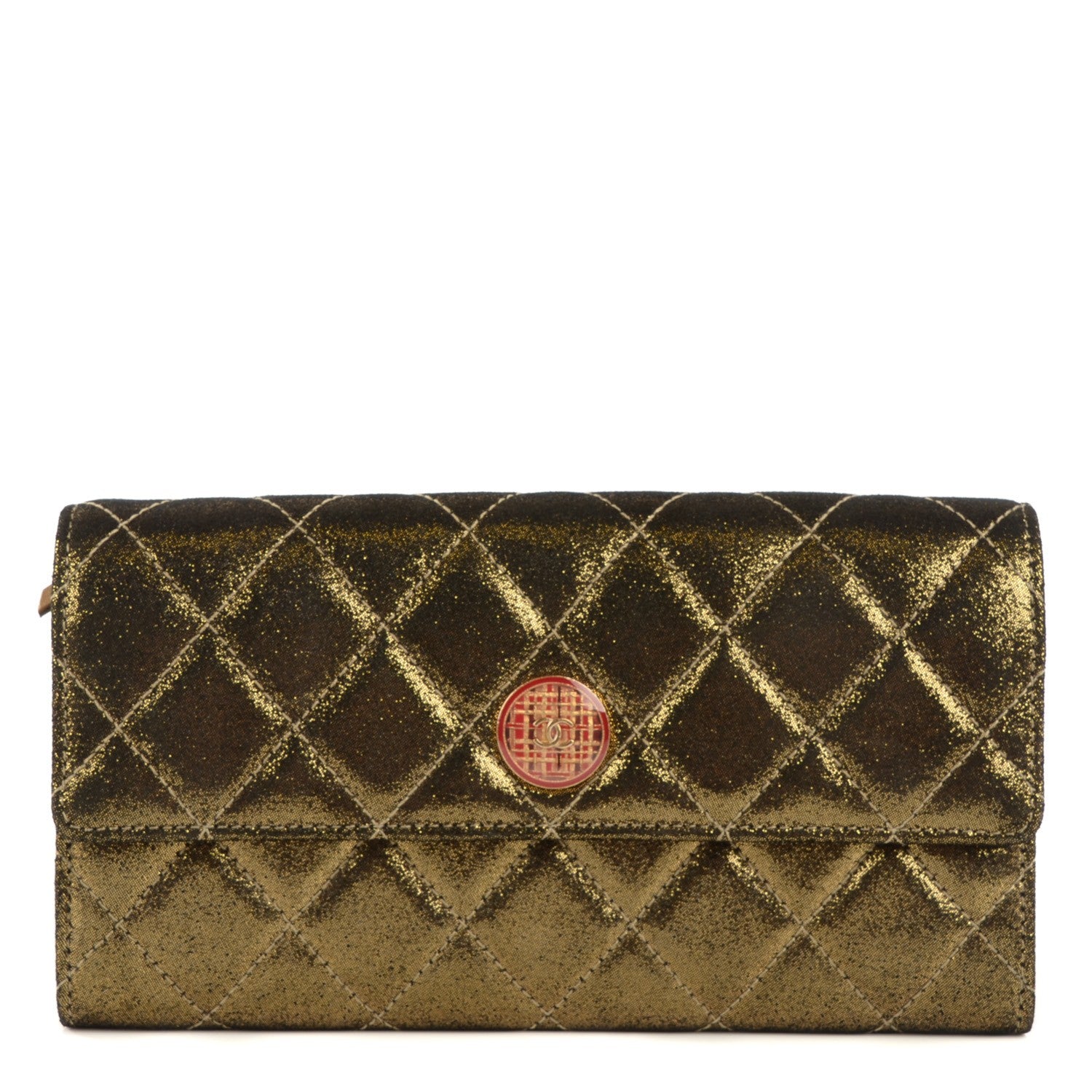 Chanel Iridescent Calfskin Quilted Tartan Button Large Gusset Flap Wallet Gold 1 of 8
