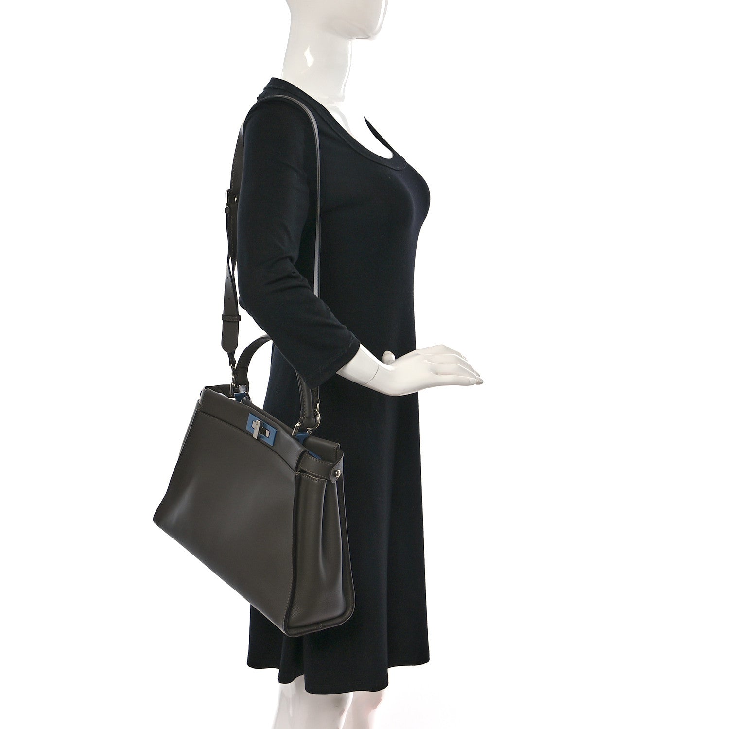 Fendi Vitello Seta Shiny Nappa Medium Peekaboo Iconic Satchel Carbone Grigio Polvere 2 of 12