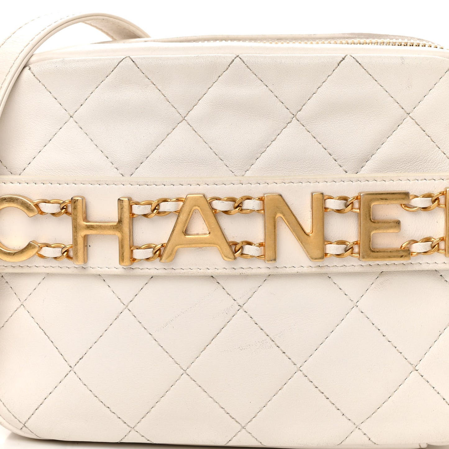 Calfskin Quilted Enchained Camera Case Bag White