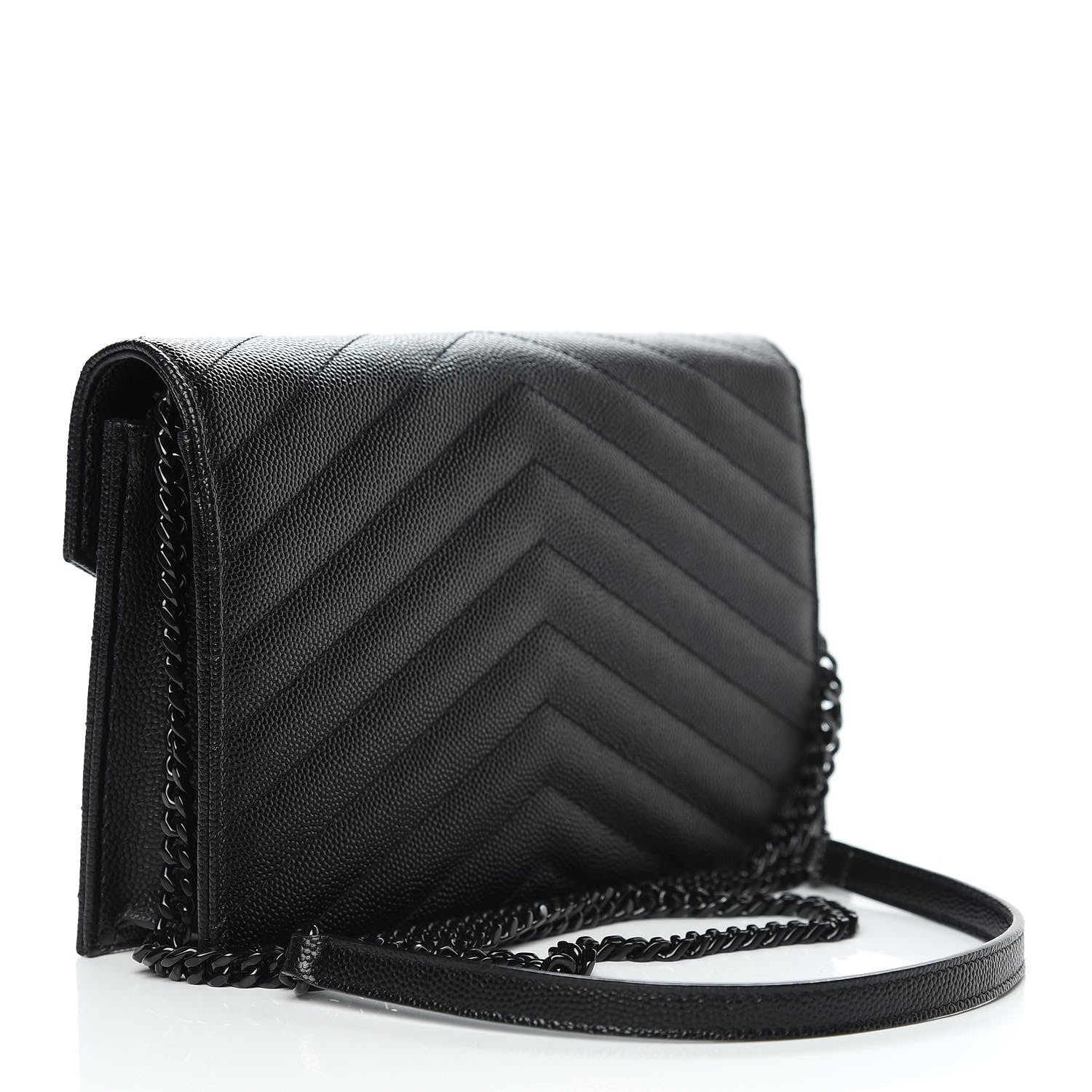 Saint Laurent Grain De Poudre Matelasse Chevron Monogram Envelope Chain Wallet Black 3 of 12