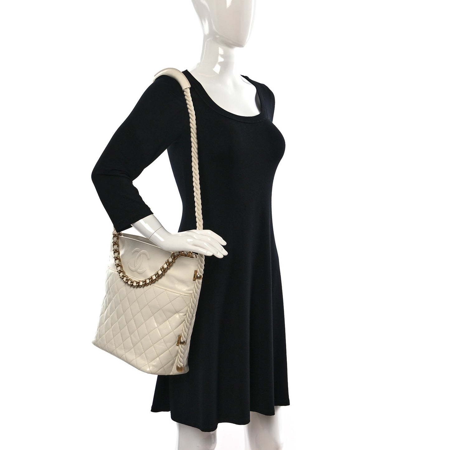 Crumpled Calfskin En Vogue Rope Hobo Bag White