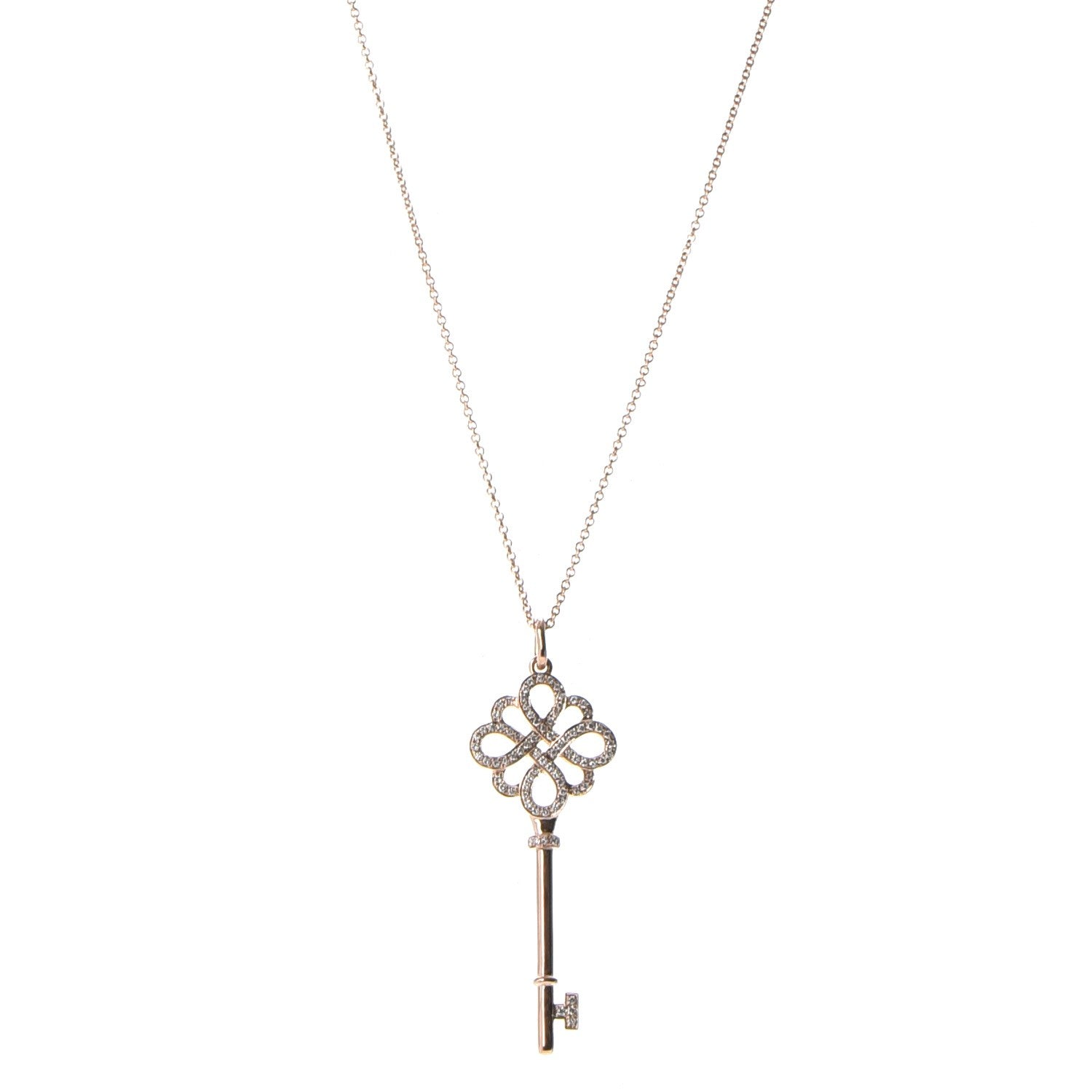 Tiffany 18K Rose Gold Diamond Knot Key Pendant Necklace 1 of 11