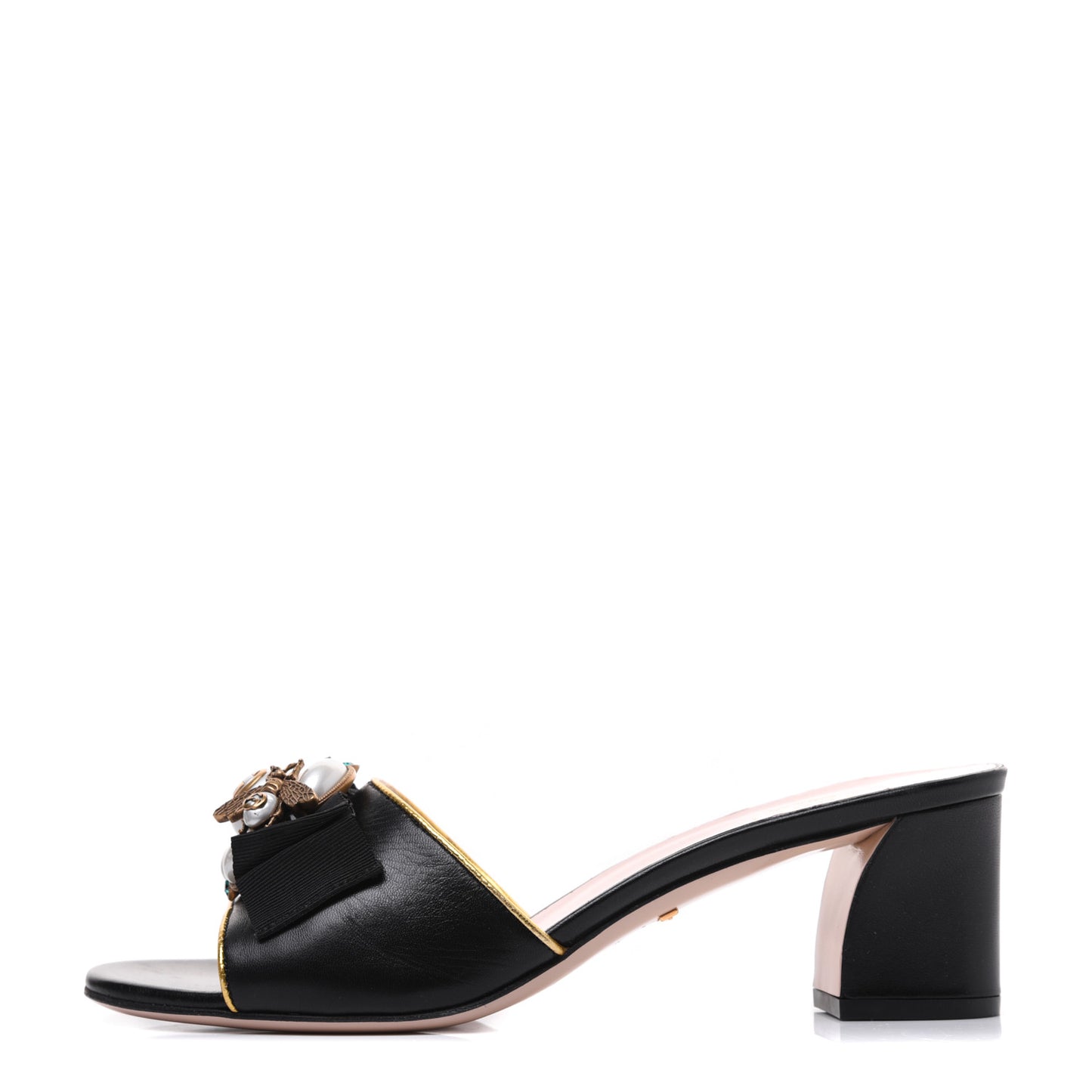Nappa Silk Pearl Bee Embellished Mid Heel Slide Sandals 38.5 Black