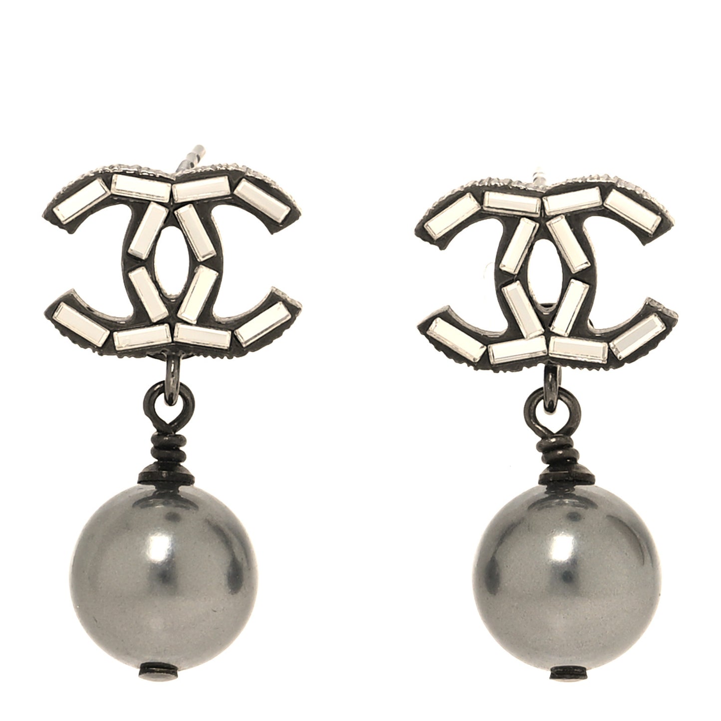 Ruthenium Pearl Crystal Baguette CC Drop Earrings Silver Grey