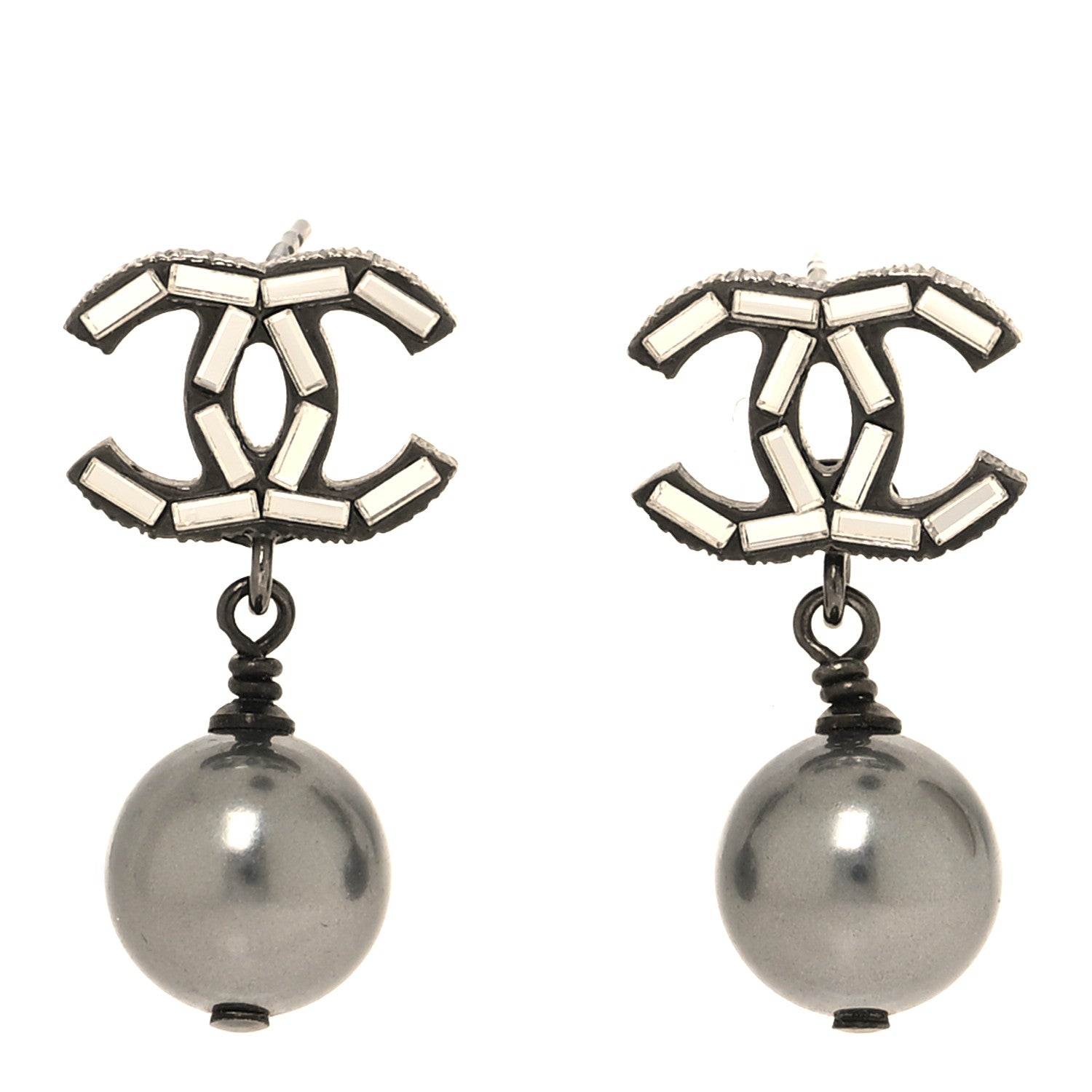 Chanel Ruthenium Pearl Crystal Baguette CC Drop Earrings Silver Grey 1 of 5