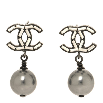 Chanel Ruthenium Pearl Crystal Baguette CC Drop Earrings Silver Grey 1 of 5